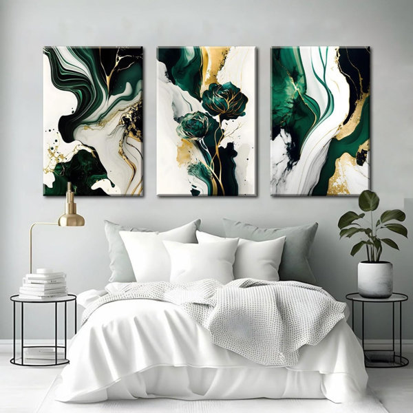 Mercer41 3Pcs Framed Emerald Green Wall Art Modern Green And Gold Abstract Marble Canvas Wall ...